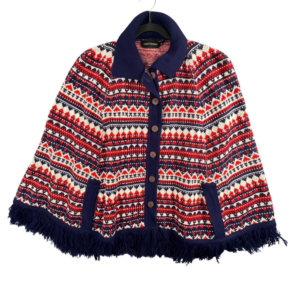 Helen Harper Fair Isle Knit Poncho Cape Fringe Button Front Nordic Cottagecore‎